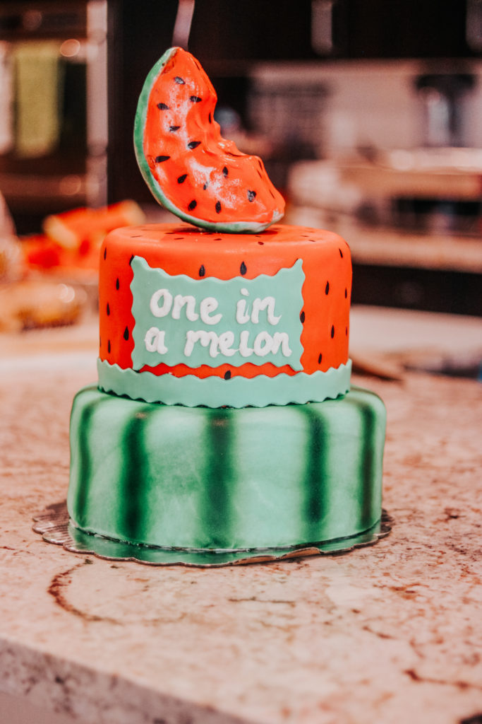 One In a Melon Watermelon first birthday theme balloon baby smash cake Lucky