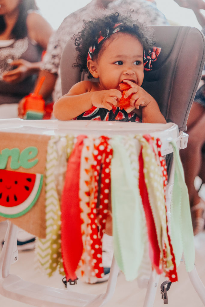 One In a Melon Watermelon first birthday theme balloon baby outfit high chair banner